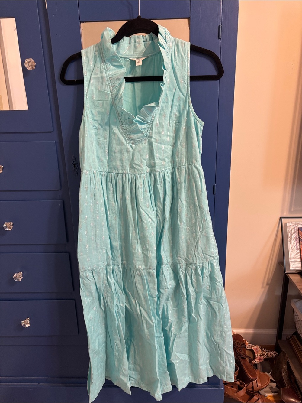 Crown & Ivy Sleeveless Aqua Tiered Midi Dress with Ruffle V-Neck and POCKETS!